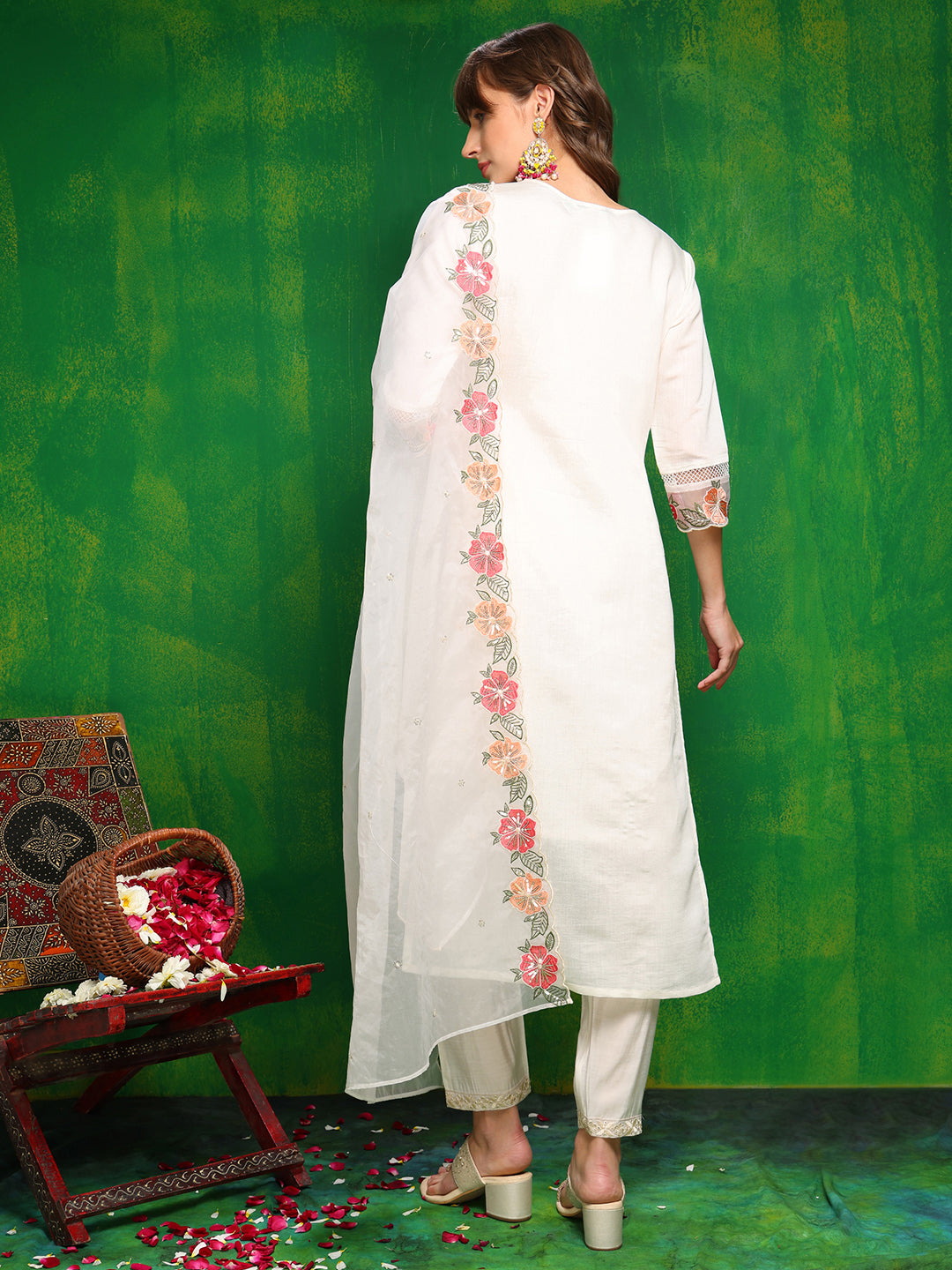 Sequined & Thread Embroidered Kurta With Pant & Embroidered Dupatta, White - Hiral Fashion | Grocsy
