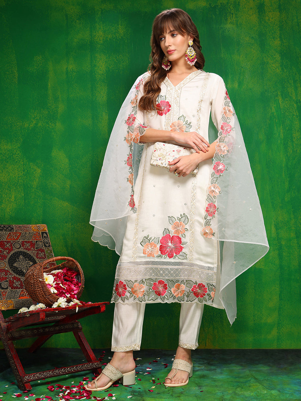 Sequined & Thread Embroidered Kurta With Pant & Embroidered Dupatta, White - Hiral Fashion | Grocsy