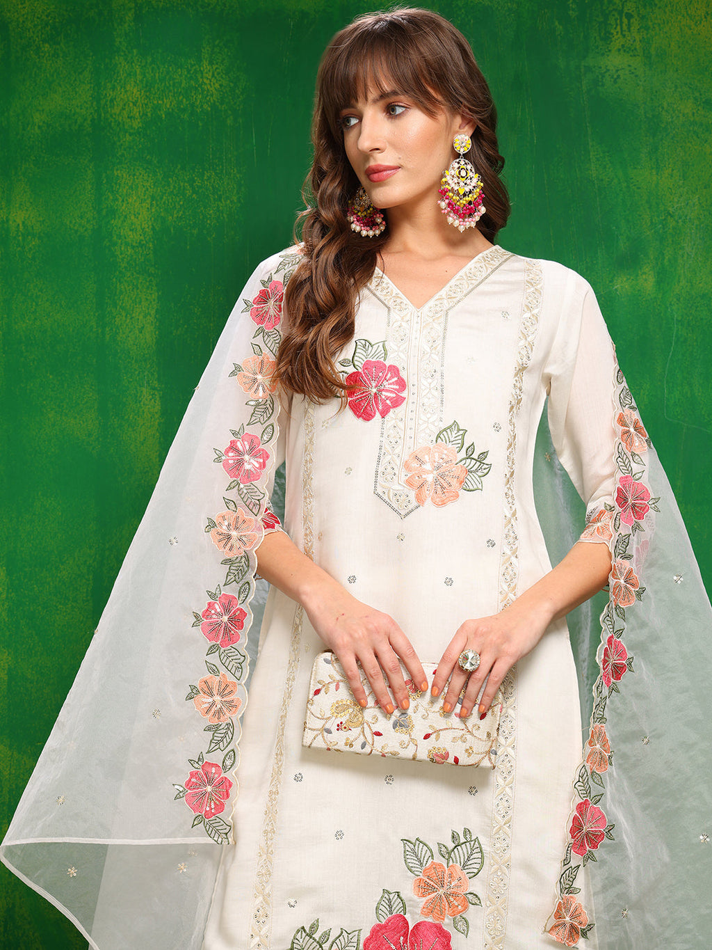 Sequined & Thread Embroidered Kurta With Pant & Embroidered Dupatta, White - Hiral Fashion | Grocsy