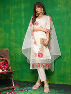 Sequined & Thread Embroidered Kurta With Pant & Embroidered Dupatta, White - Hiral Fashion | Grocsy
