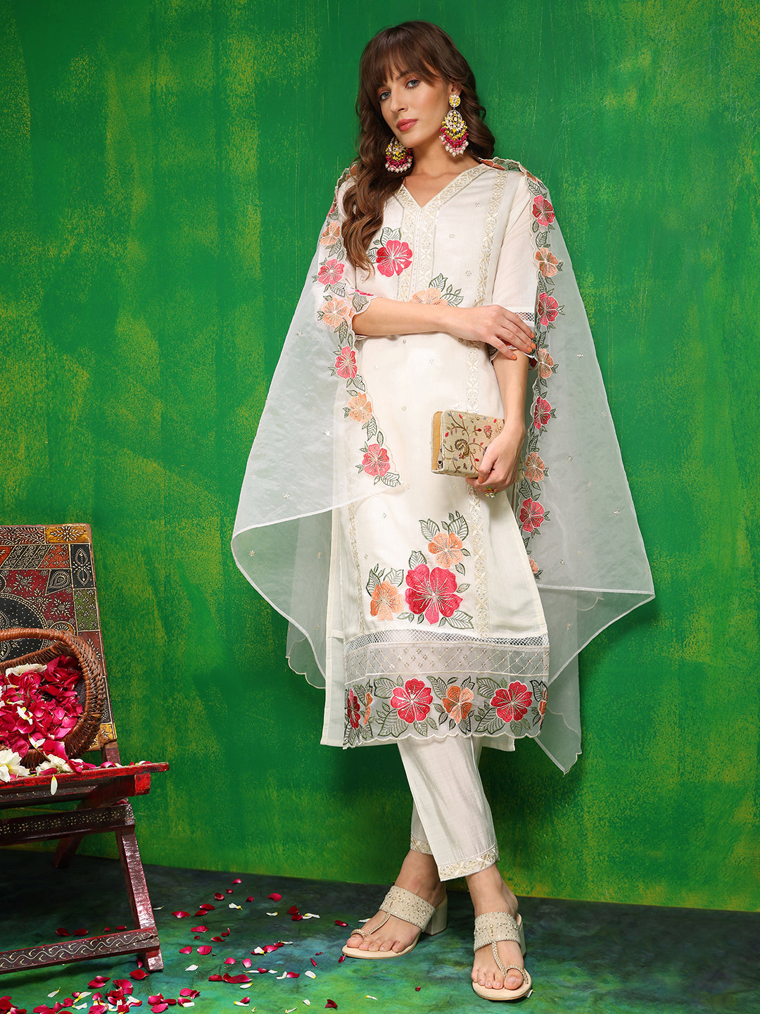 Sequined & Thread Embroidered Kurta With Pant & Embroidered Dupatta, White - Hiral Fashion | Grocsy