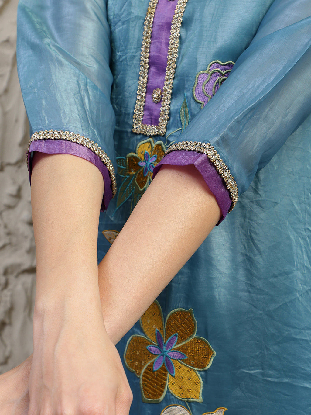 Hand Embroidered Kurta With Pant & Dual Toned Dupatta, Blue - Hiral Fashion | Grocsy
