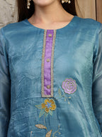 Hand Embroidered Kurta With Pant & Dual Toned Dupatta, Blue - Hiral Fashion | Grocsy