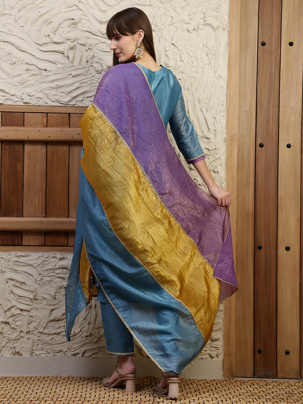 Hand Embroidered Kurta With Pant & Dual Toned Dupatta, Blue - Hiral Fashion | Grocsy