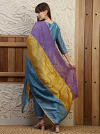Hand Embroidered Kurta With Pant & Dual Toned Dupatta, Blue - Hiral Fashion | Grocsy
