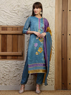 Hand Embroidered Kurta With Pant & Dual Toned Dupatta, Blue - Hiral Fashion | Grocsy