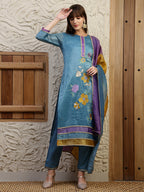 Hand Embroidered Kurta With Pant & Dual Toned Dupatta, Blue - Hiral Fashion | Grocsy