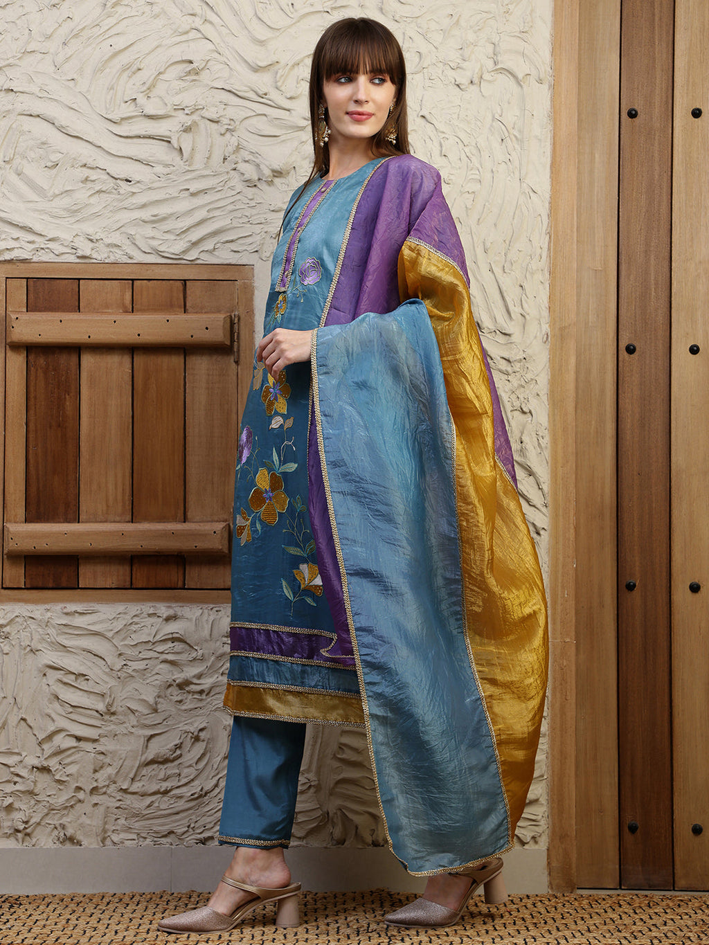 Hand Embroidered Kurta With Pant & Dual Toned Dupatta, Blue - Hiral Fashion | Grocsy