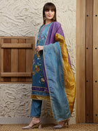 Hand Embroidered Kurta With Pant & Dual Toned Dupatta, Blue - Hiral Fashion | Grocsy