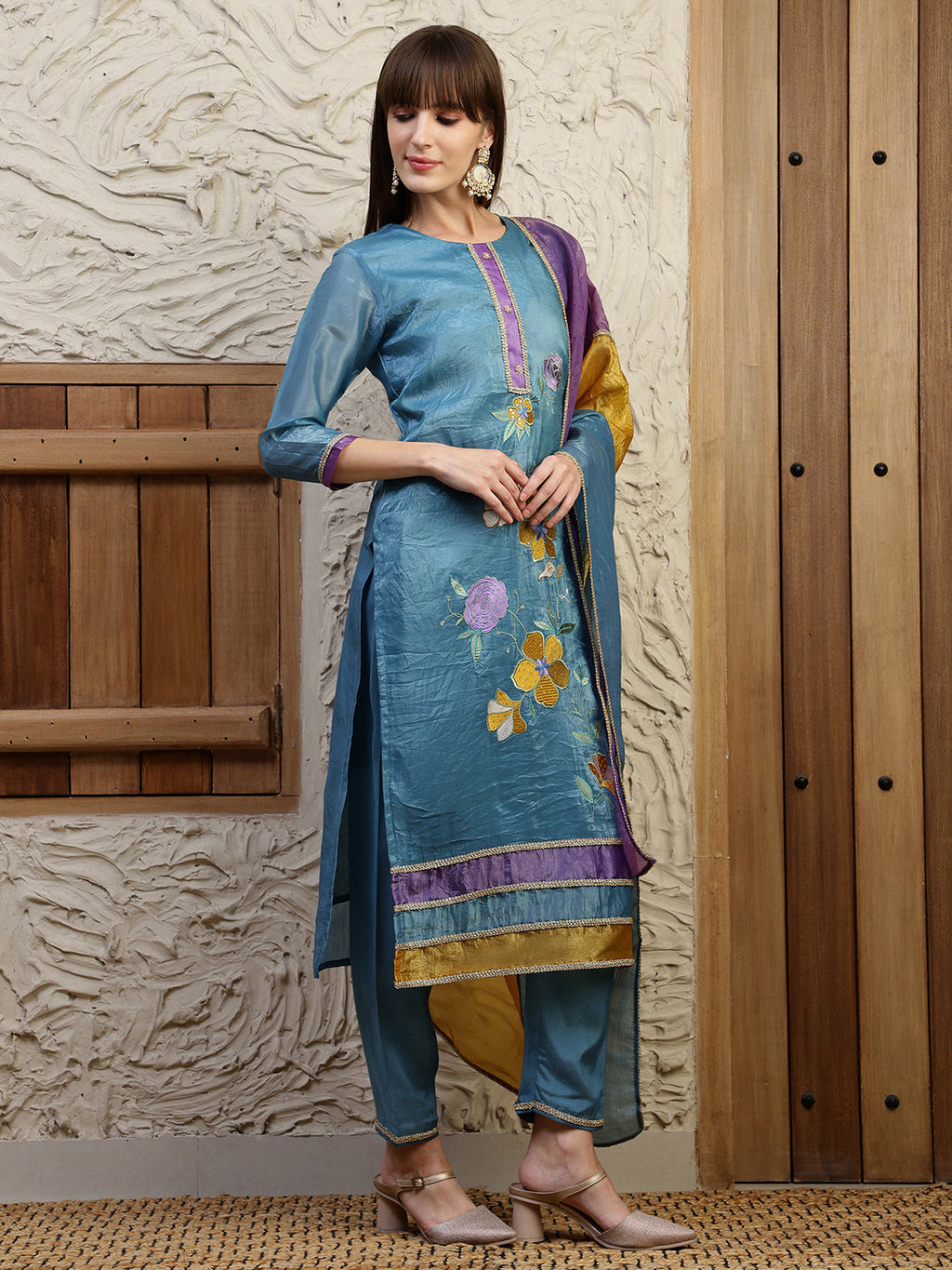 Hand Embroidered Kurta With Pant & Dual Toned Dupatta, Blue - Hiral Fashion | Grocsy
