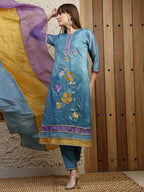 Hand Embroidered Kurta With Pant & Dual Toned Dupatta, Blue - Hiral Fashion | Grocsy