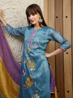 Hand Embroidered Kurta With Pant & Dual Toned Dupatta, Blue - Hiral Fashion | Grocsy