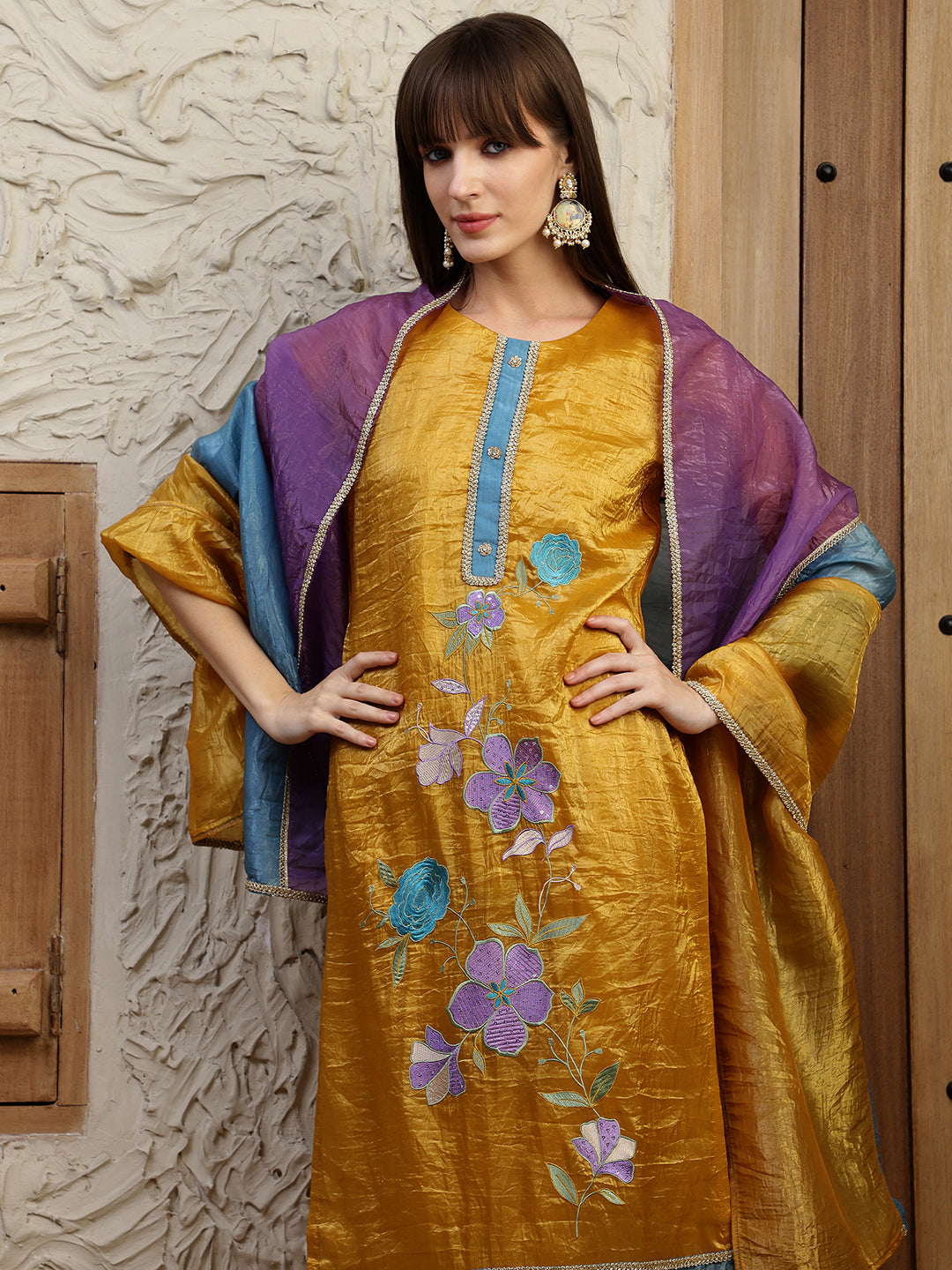 Hand Embroidered Kurta With Pant & Dual Toned Dupatta, Mustard - Hiral Fashion | Grocsy