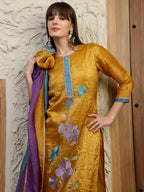 Hand Embroidered Kurta With Pant & Dual Toned Dupatta, Mustard - Hiral Fashion | Grocsy