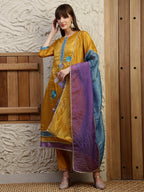 Hand Embroidered Kurta With Pant & Dual Toned Dupatta, Mustard - Hiral Fashion | Grocsy