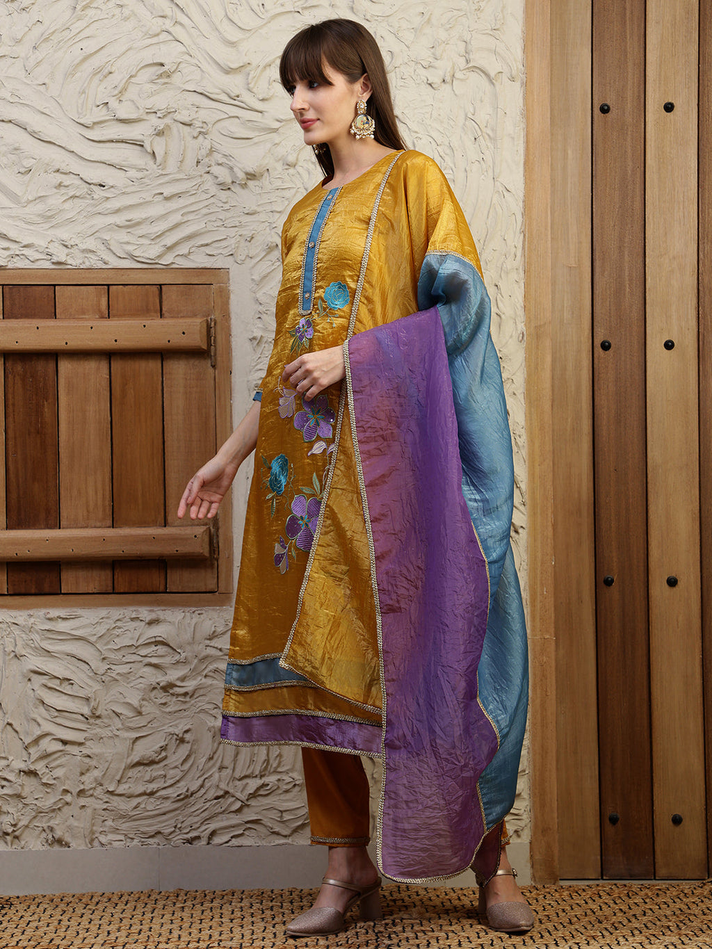 Hand Embroidered Kurta With Pant & Dual Toned Dupatta, Mustard - Hiral Fashion | Grocsy