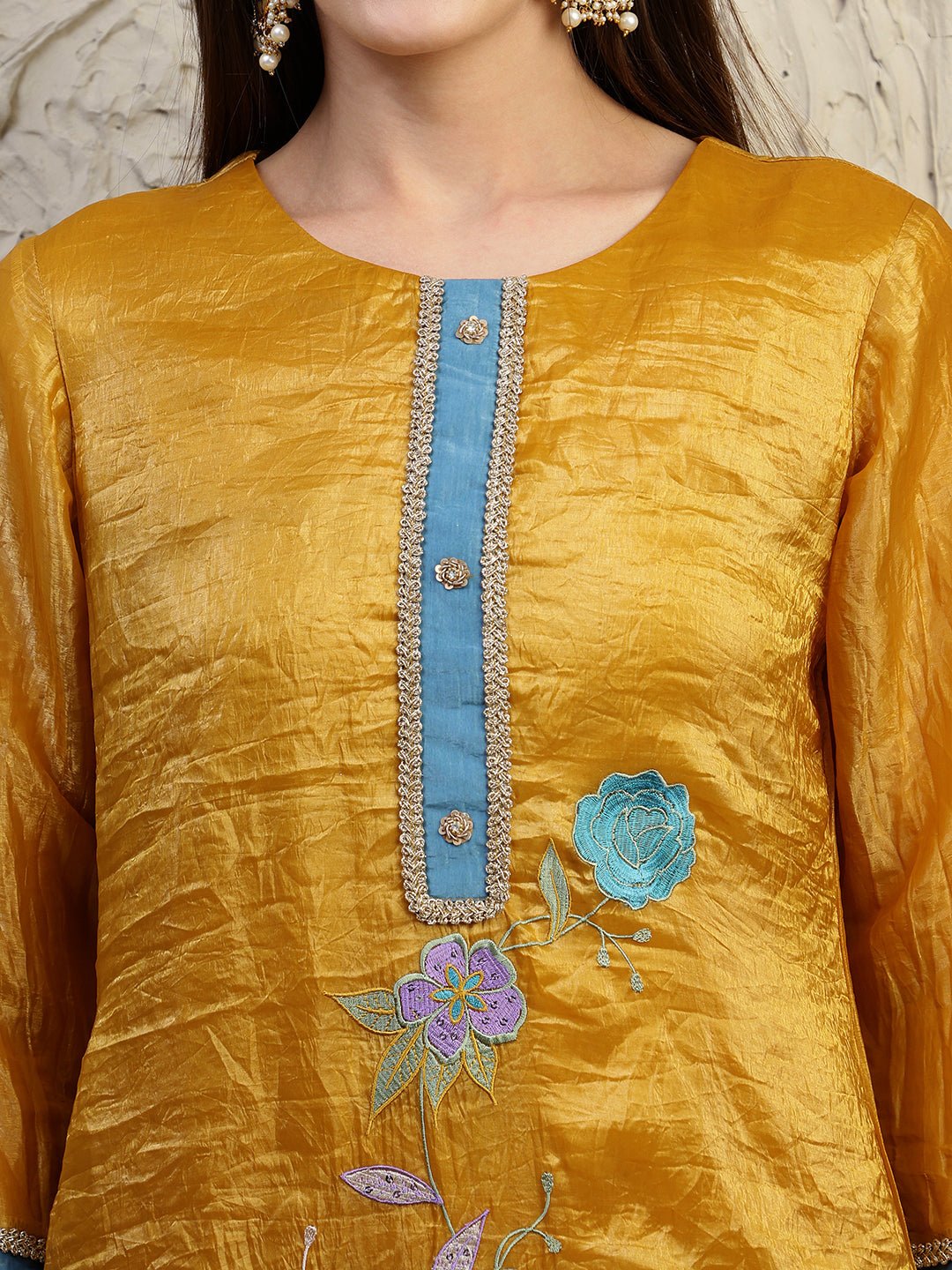 Hand Embroidered Kurta With Pant & Dual Toned Dupatta, Mustard - Hiral Fashion | Grocsy
