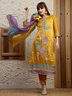 Hand Embroidered Kurta With Pant & Dual Toned Dupatta, Mustard - Hiral Fashion | Grocsy