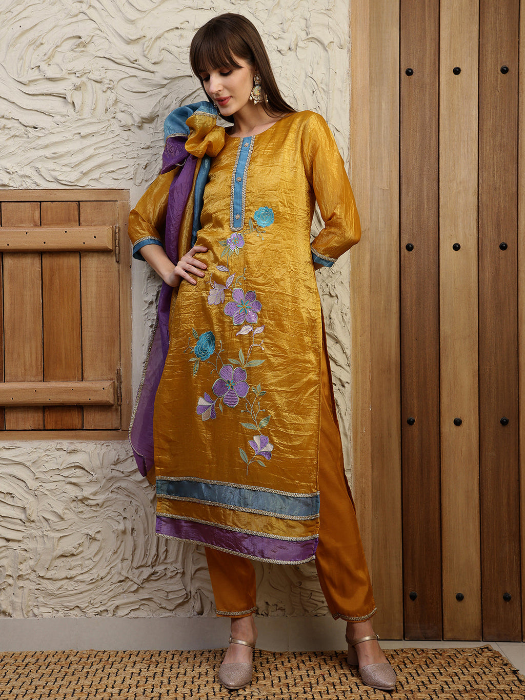 Hand Embroidered Kurta With Pant & Dual Toned Dupatta, Mustard - Hiral Fashion | Grocsy