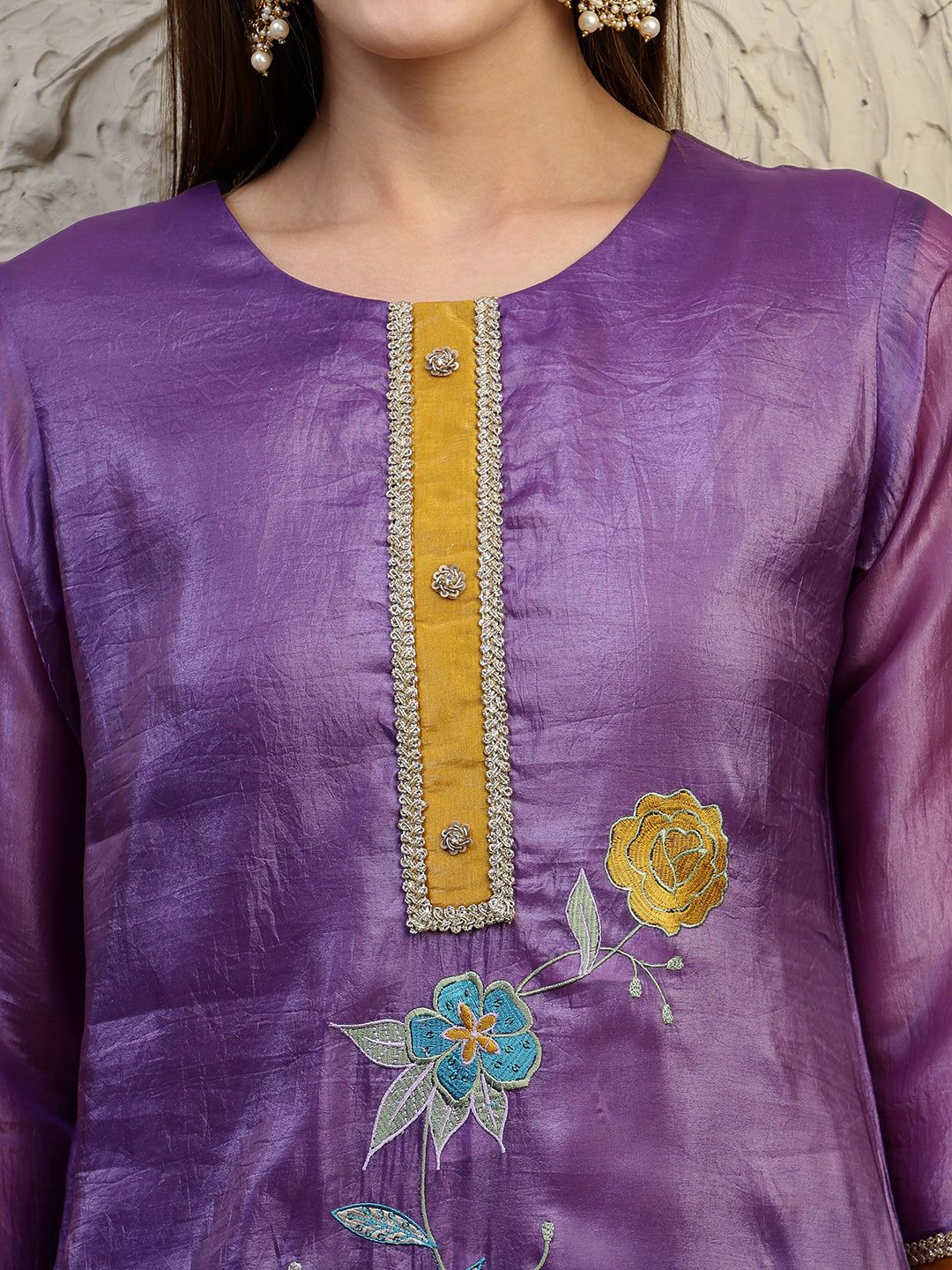 Hand Embroidered Kurta With Pant & Dual Toned Dupatta, Purple - Hiral Fashion | Grocsy