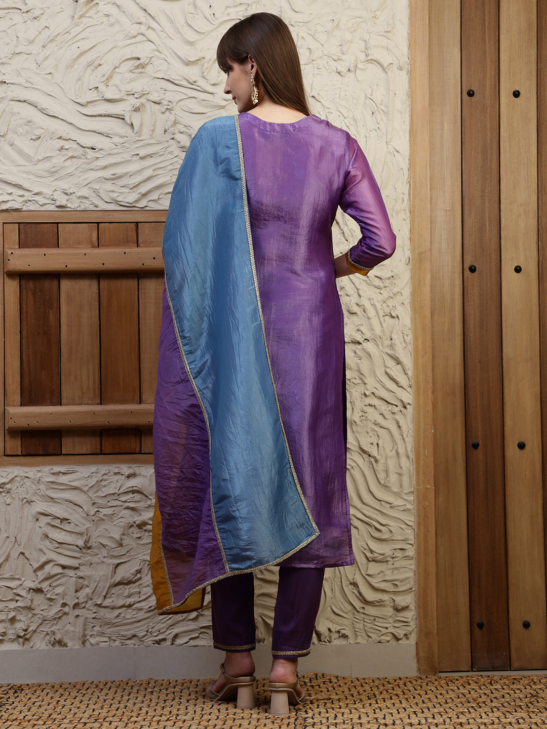 Hand Embroidered Kurta With Pant & Dual Toned Dupatta, Purple - Hiral Fashion | Grocsy