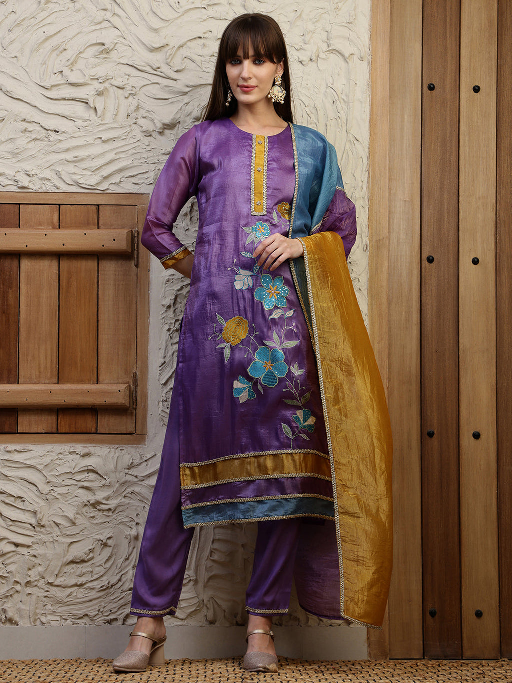 Hand Embroidered Kurta With Pant & Dual Toned Dupatta, Purple - Hiral Fashion | Grocsy
