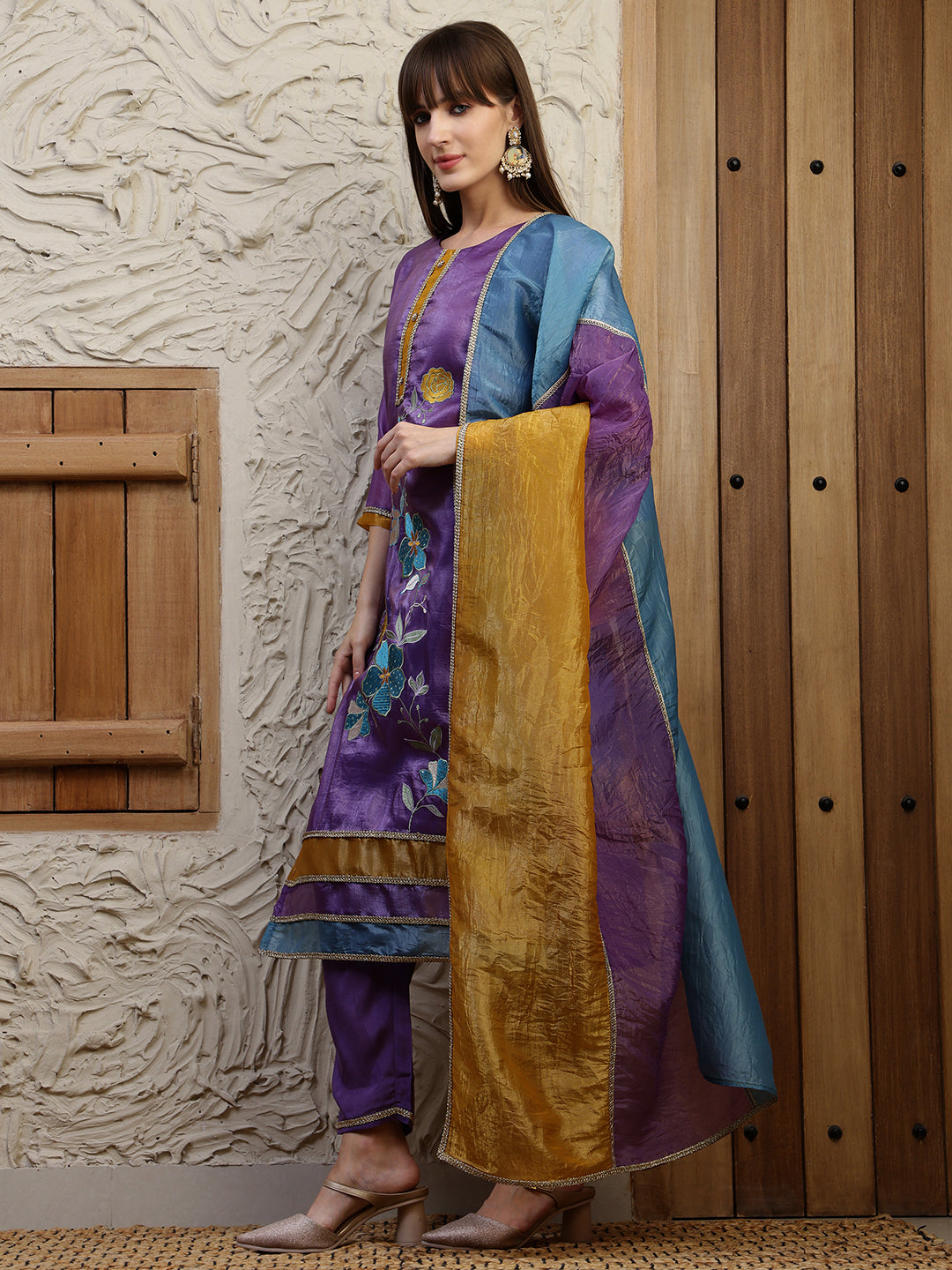 Hand Embroidered Kurta With Pant & Dual Toned Dupatta, Purple - Hiral Fashion | Grocsy