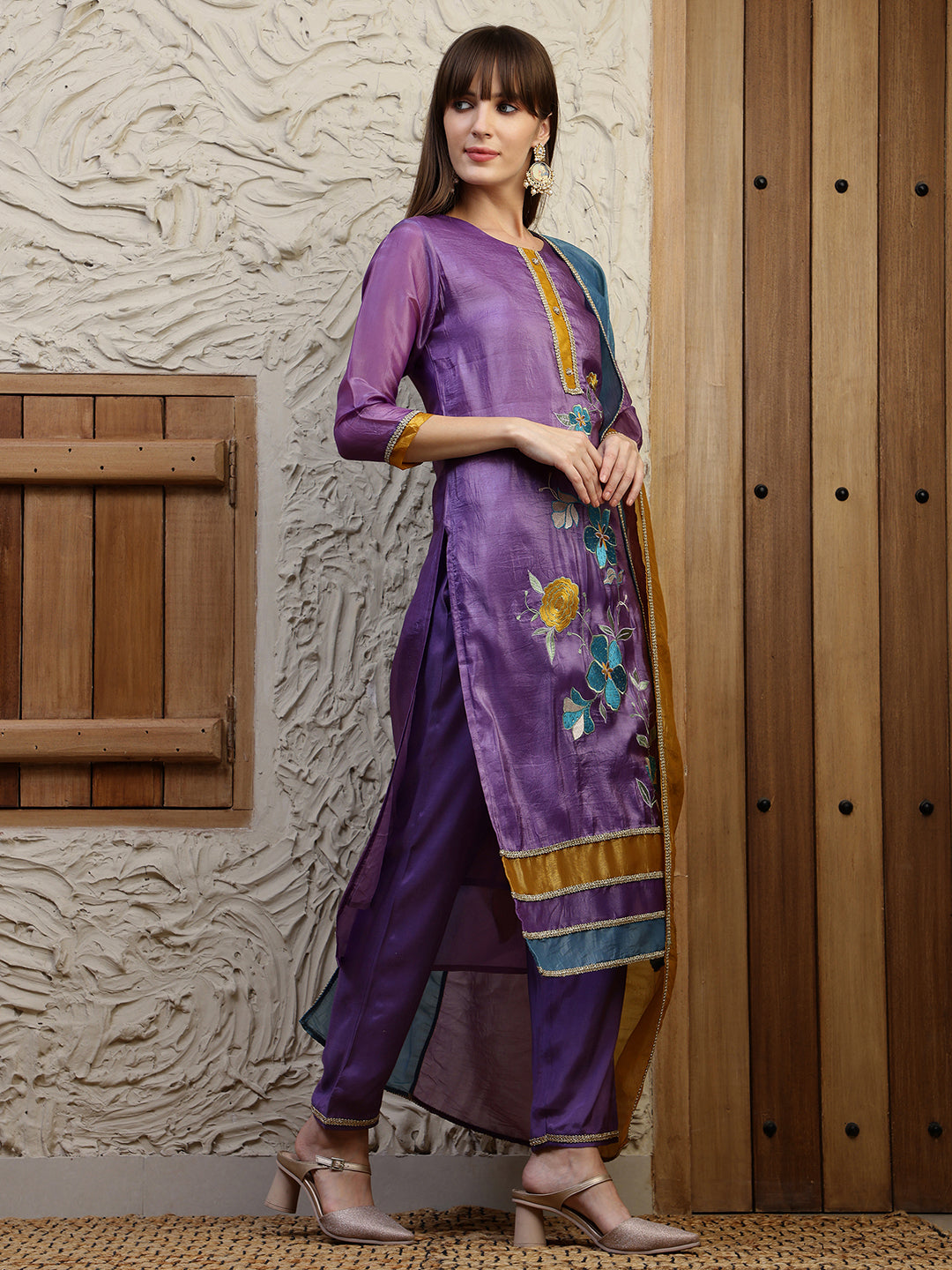 Hand Embroidered Kurta With Pant & Dual Toned Dupatta, Purple - Hiral Fashion | Grocsy
