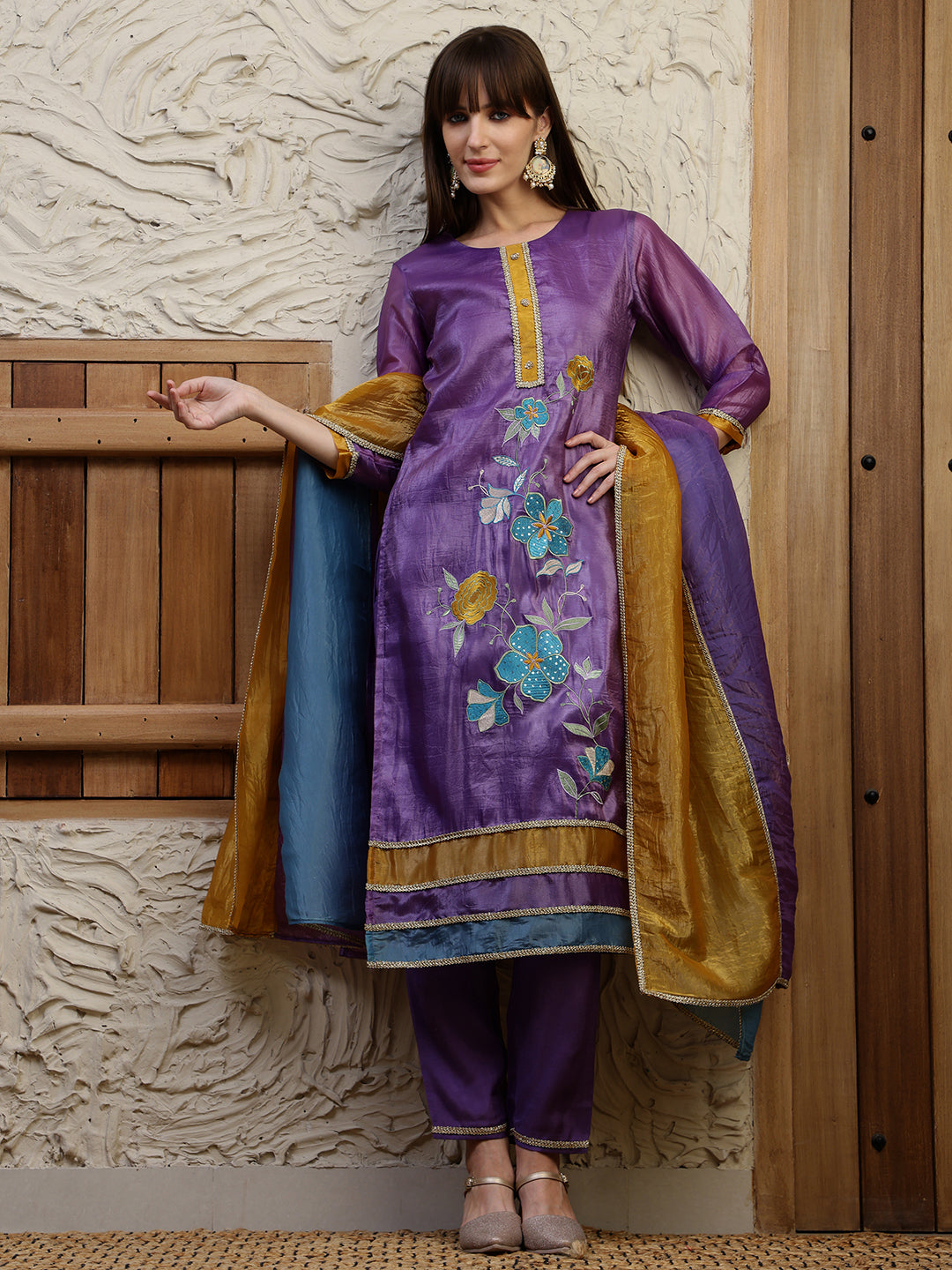 Hand Embroidered Kurta With Pant & Dual Toned Dupatta, Purple - Hiral Fashion | Grocsy