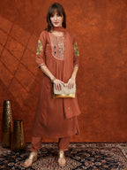 Mirror Embroidered Kurta With Pant & Embroidered Dupatta, Rust - Hiral Fashion | Grocsy