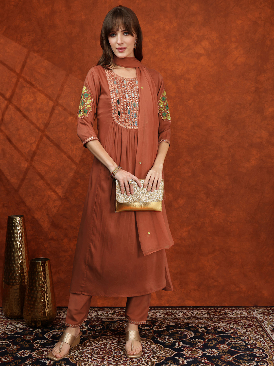 Mirror Embroidered Kurta With Pant & Embroidered Dupatta, Rust - Hiral Fashion | Grocsy