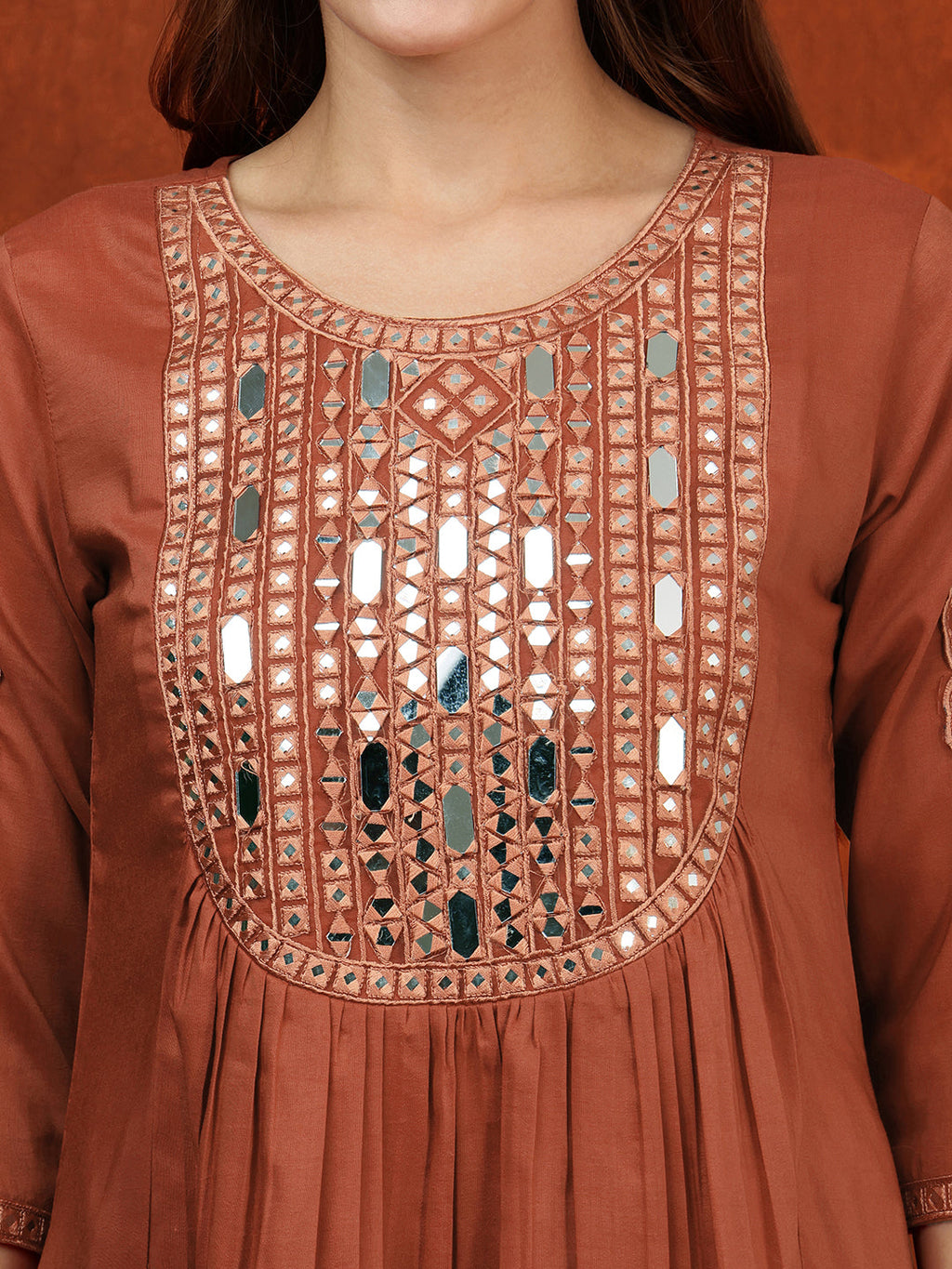 Mirror Embroidered Kurta With Pant & Embroidered Dupatta, Rust - Hiral Fashion | Grocsy