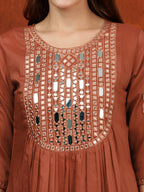 Mirror Embroidered Kurta With Pant & Embroidered Dupatta, Rust - Hiral Fashion | Grocsy