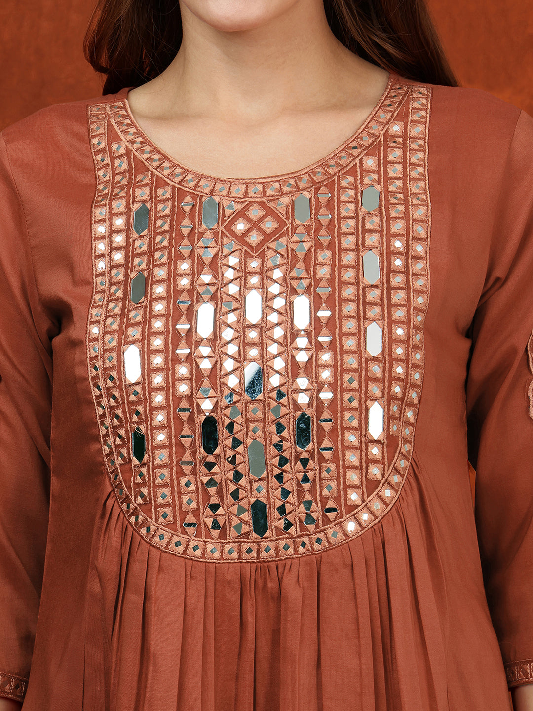 Mirror Embroidered Kurta With Pant & Embroidered Dupatta, Rust - Hiral Fashion | Grocsy