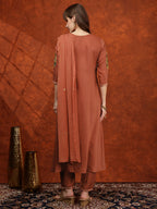 Mirror Embroidered Kurta With Pant & Embroidered Dupatta, Rust - Hiral Fashion | Grocsy