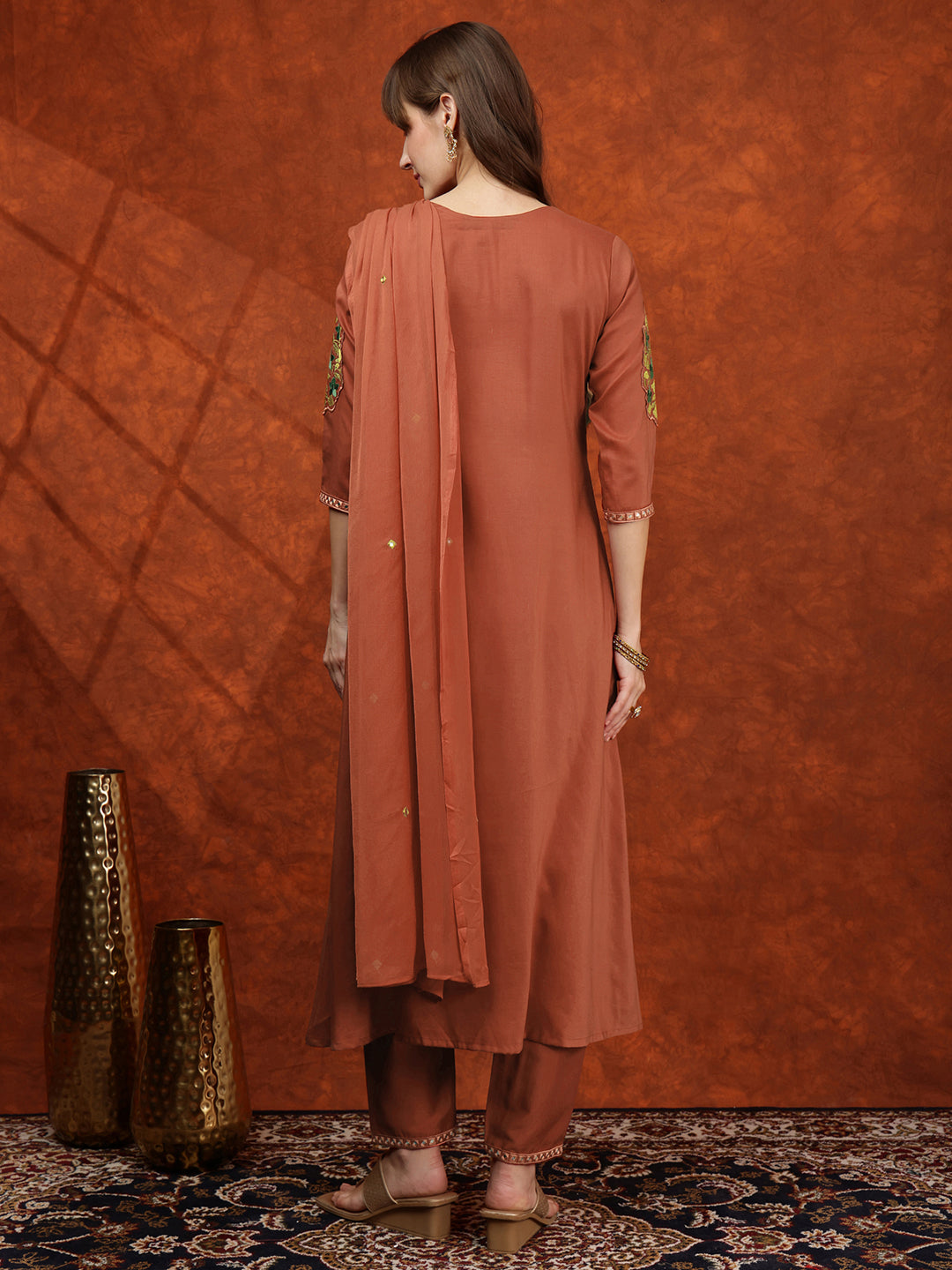 Mirror Embroidered Kurta With Pant & Embroidered Dupatta, Rust - Hiral Fashion | Grocsy