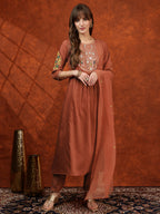 Mirror Embroidered Kurta With Pant & Embroidered Dupatta, Rust - Hiral Fashion | Grocsy