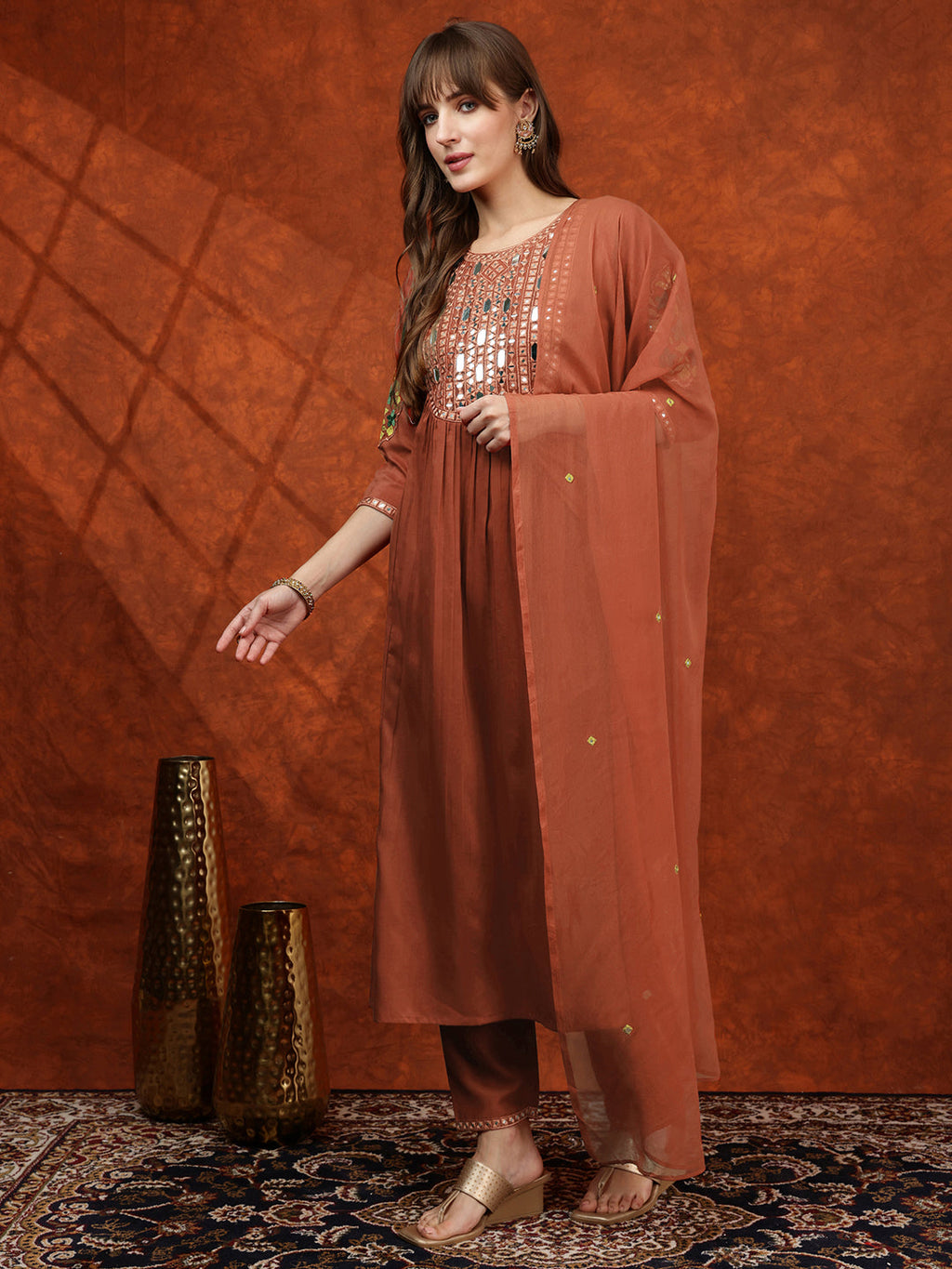 Mirror Embroidered Kurta With Pant & Embroidered Dupatta, Rust - Hiral Fashion | Grocsy