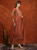 Mirror Embroidered Kurta With Pant & Embroidered Dupatta, Rust - Hiral Fashion | Grocsy