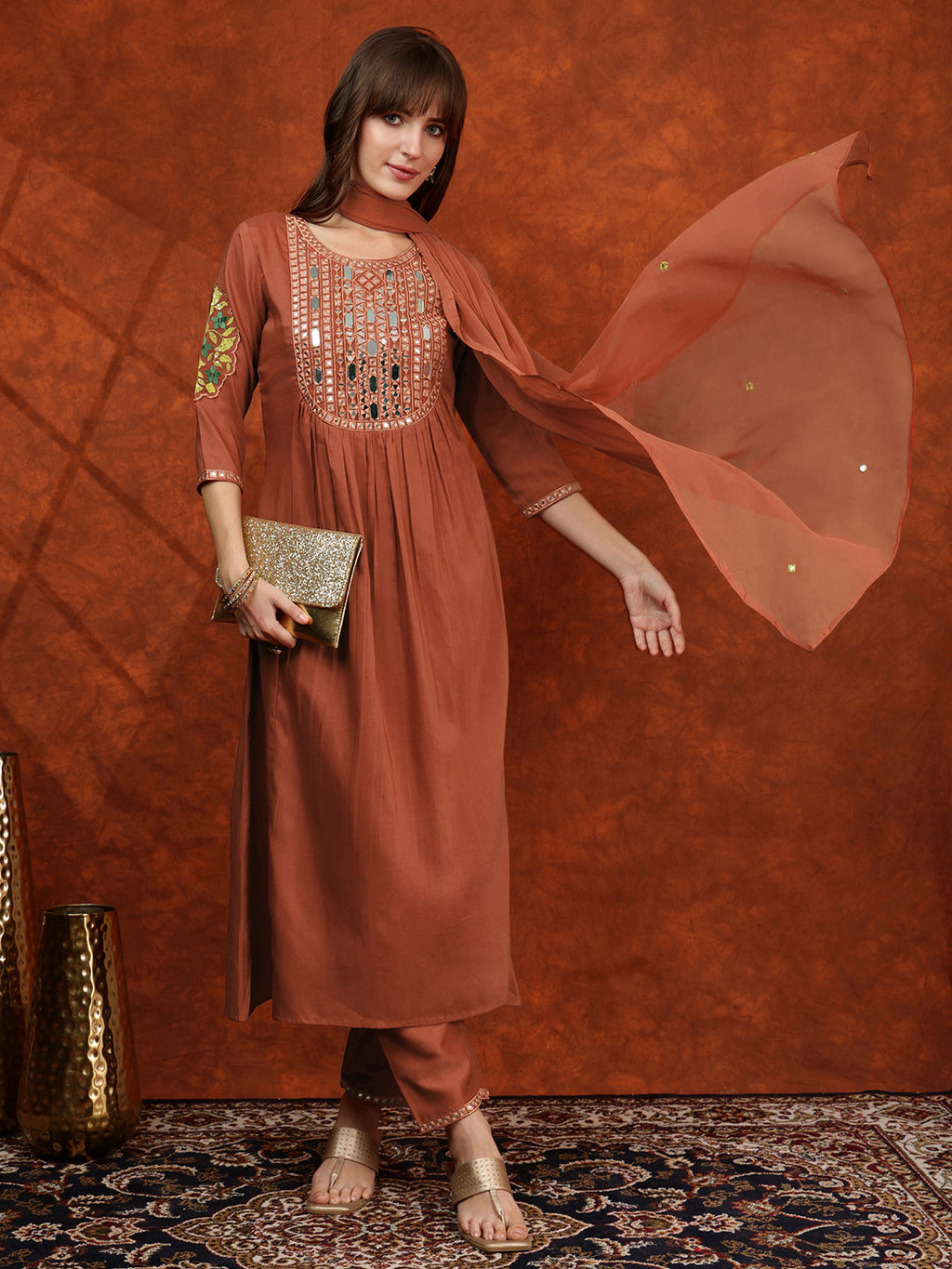 Mirror Embroidered Kurta With Pant & Embroidered Dupatta, Rust - Hiral Fashion | Grocsy