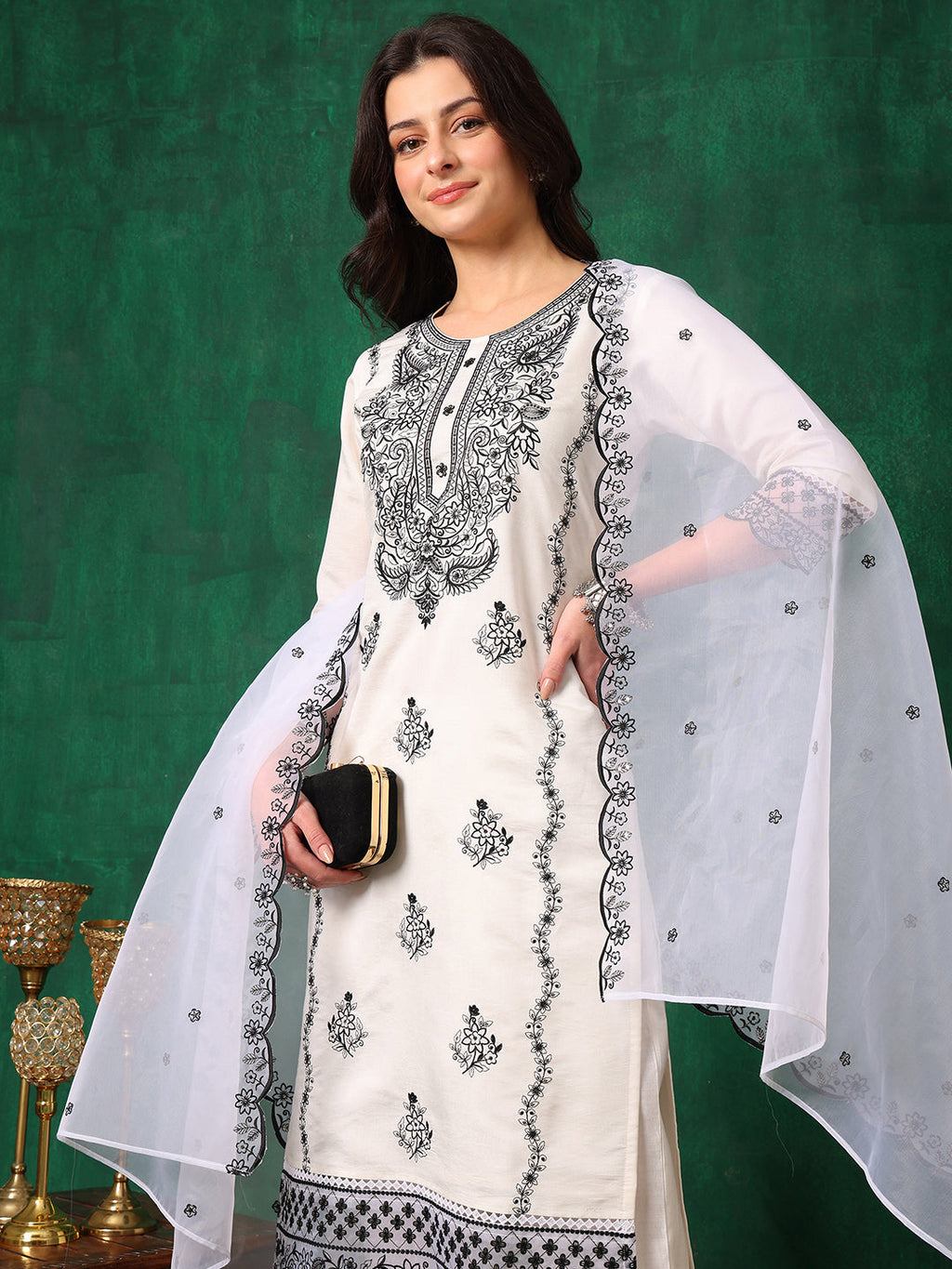 Embroidered Kurta With Pant & Embroidered Dupatta, White - Hiral Fashion | Grocsy