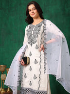 Embroidered Kurta With Pant & Embroidered Dupatta, White - Hiral Fashion | Grocsy