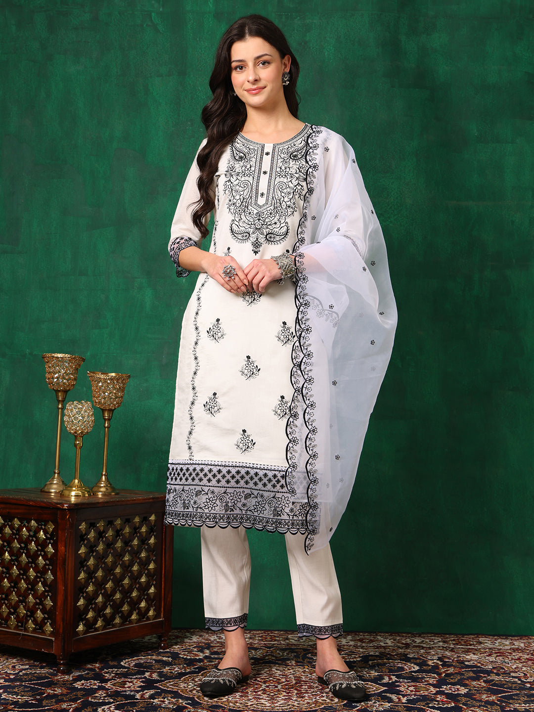 Embroidered Kurta With Pant & Embroidered Dupatta, White - Hiral Fashion | Grocsy