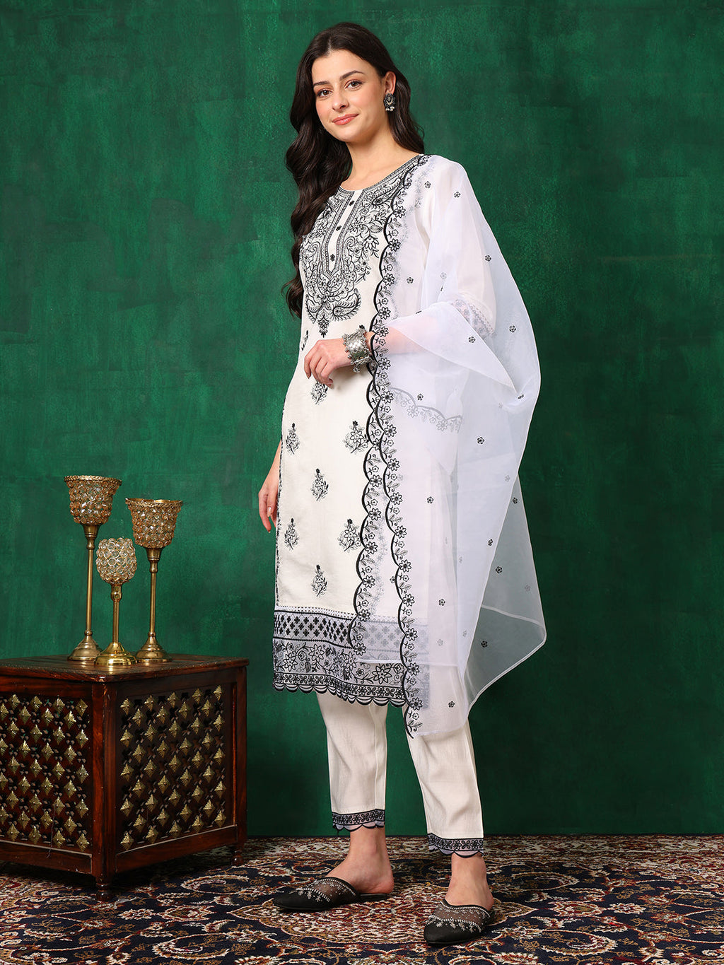 Embroidered Kurta With Pant & Embroidered Dupatta, White - Hiral Fashion | Grocsy