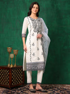 Embroidered Kurta With Pant & Embroidered Dupatta, White - Hiral Fashion | Grocsy