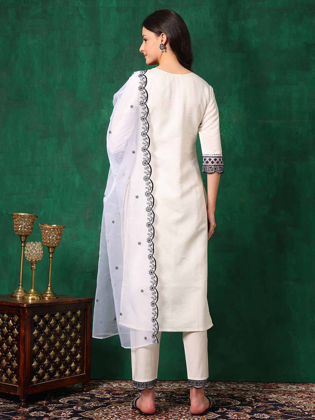 Embroidered Kurta With Pant & Embroidered Dupatta, White - Hiral Fashion | Grocsy