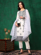 Embroidered Kurta With Pant & Embroidered Dupatta, White - Hiral Fashion | Grocsy