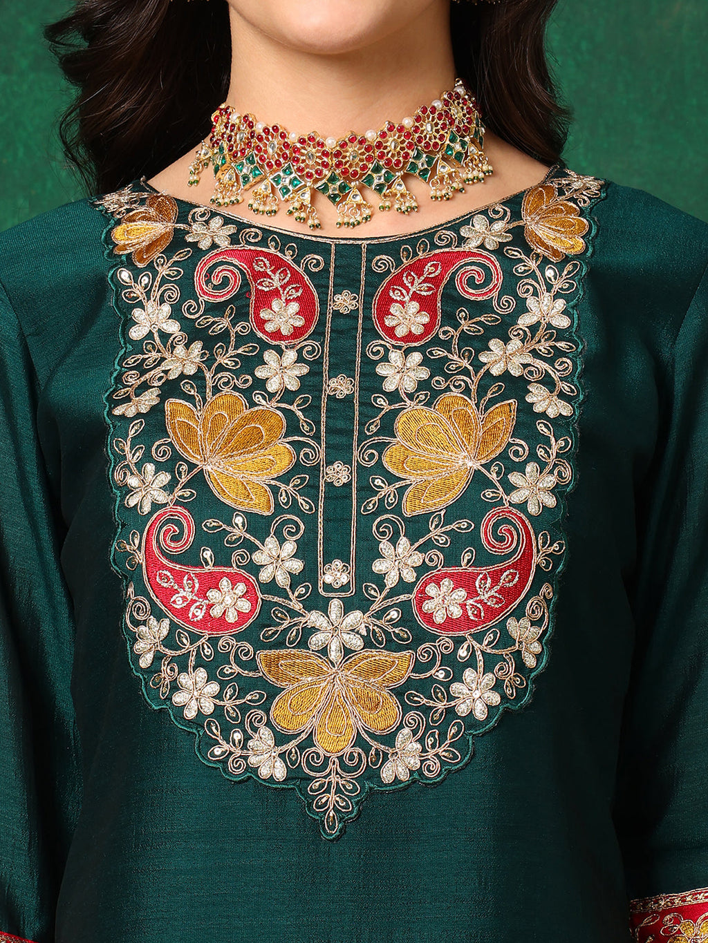 Embroidered Kurta With Pant & Embroidered Dupatta, Bottle-Green - Hiral Fashion | Grocsy