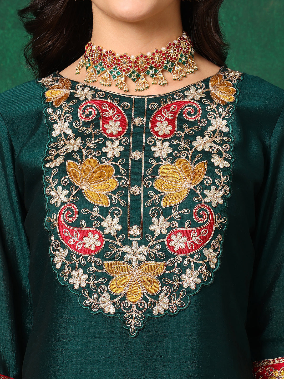 Embroidered Kurta With Pant & Embroidered Dupatta, Bottle-Green - Hiral Fashion | Grocsy