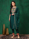 Embroidered Kurta With Pant & Embroidered Dupatta, Bottle-Green - Hiral Fashion | Grocsy